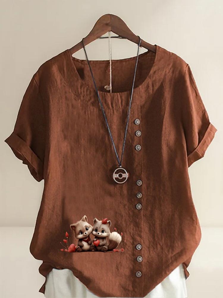 Women's Fashion Couple Bear Print Round Neck Short Sleeve T-shirt Summer Casual Cotton Linen Graphic Shirt Leisure Loose Blouse Tops