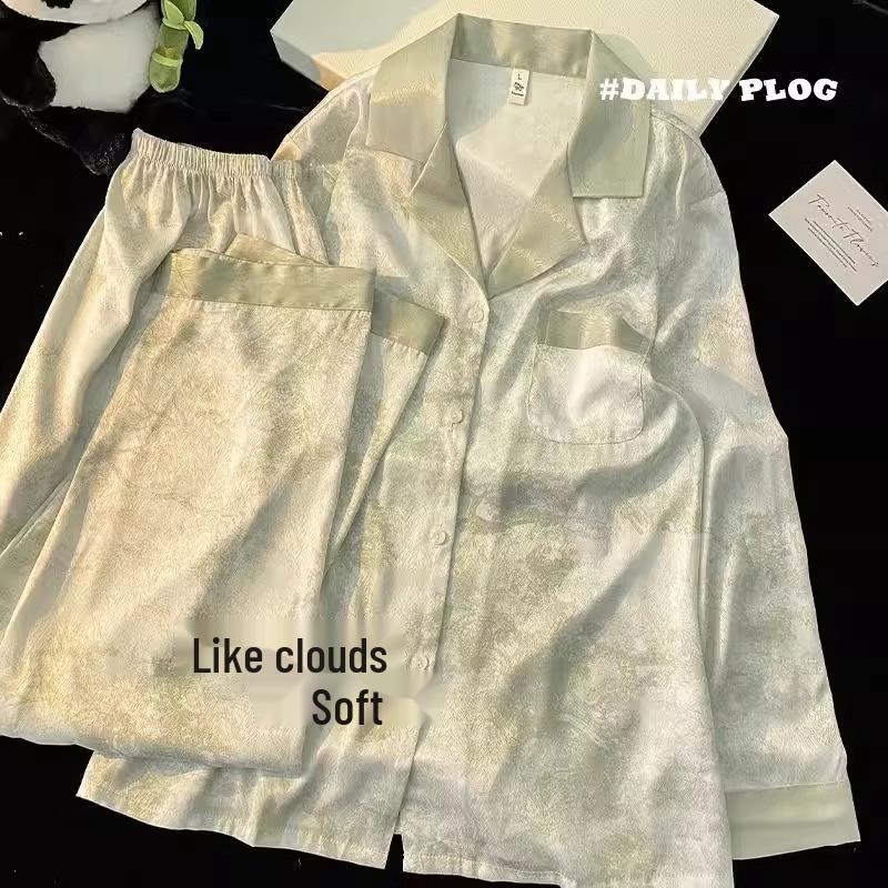 2025 Spring/Autumn Women's Ice Silk Sweet Pajama Set - Long-sleeve, Thin, High-end, Cute, Two-piece Homewear