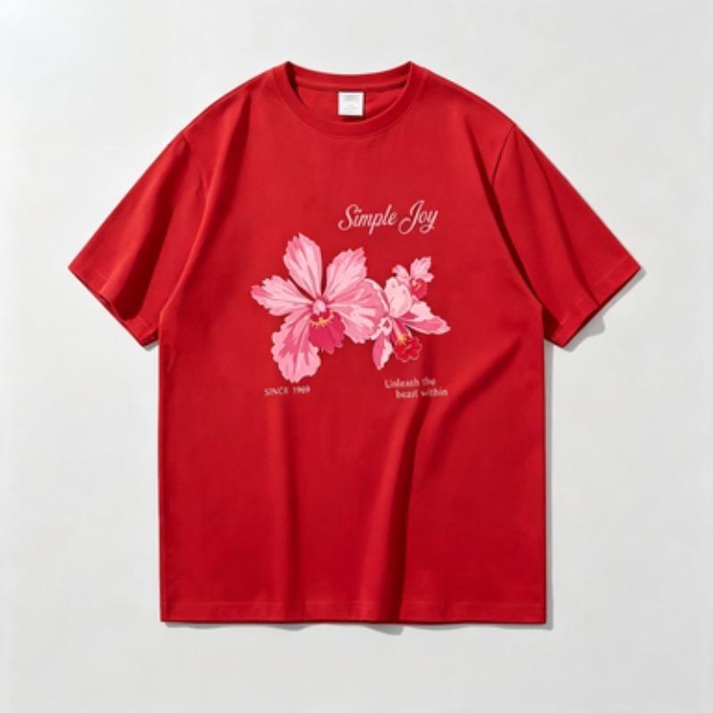 Vintage Flower Unisex Cotton T Shirt Pink Orchid Letter Graphic Aesthetic Casual Loose Fit Crew Neck Short Sleeve Tops