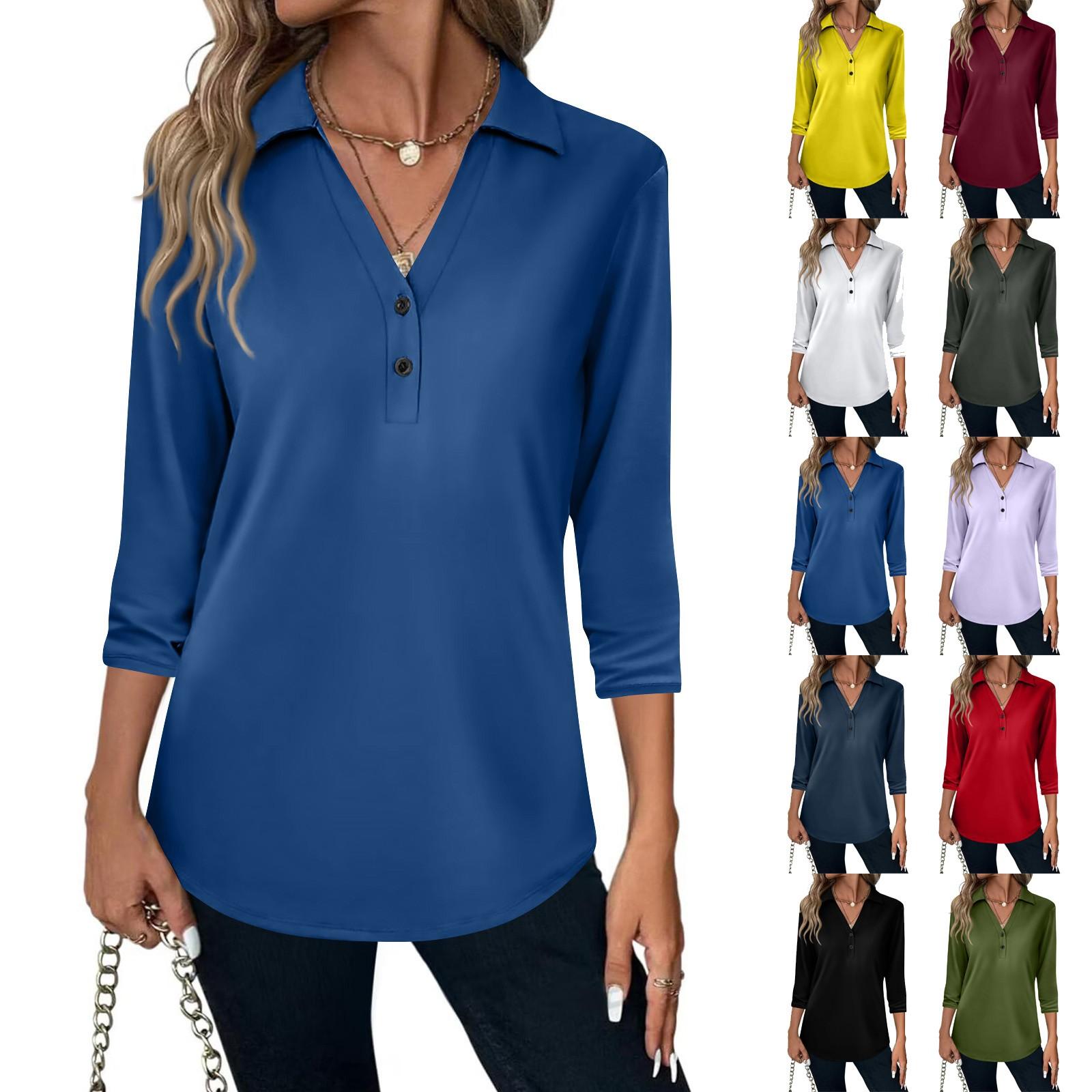 

Women s Fashion Casual Lapel Short 3/4 Sleeve Solid Color Shirt Women s V-Neck Button Tops L червоний