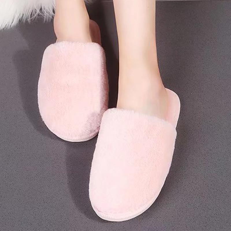 Fashion Indoor Round Toe House Fur Slippers Women Faux Fur Warm Plush Slides Woman Winter Comfort Slip On Non Slip Cotton Slippers Mujer