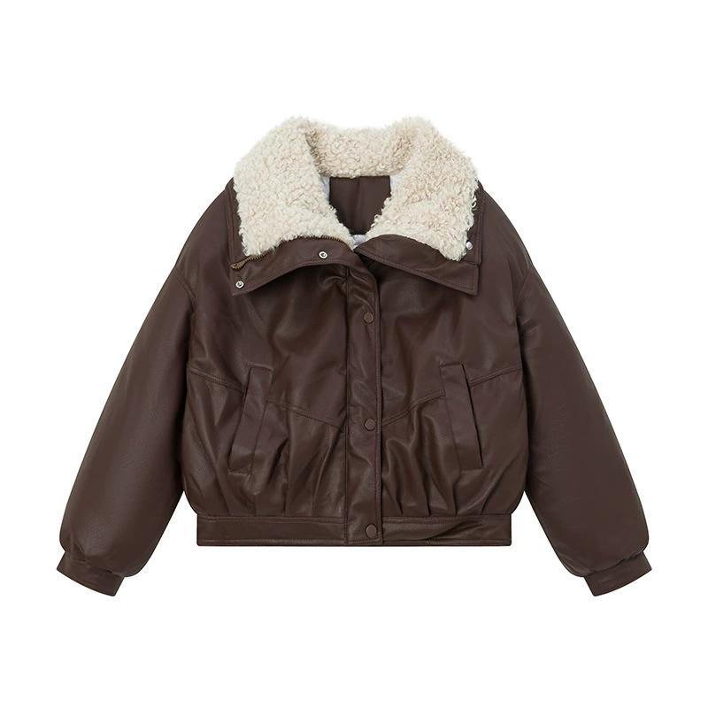 Chic Faux Lamb Wool Parkas for Women Turn Down Collar Warm Parkas Woman Winter Zipper Up Thickened Leather Jacket Mujer