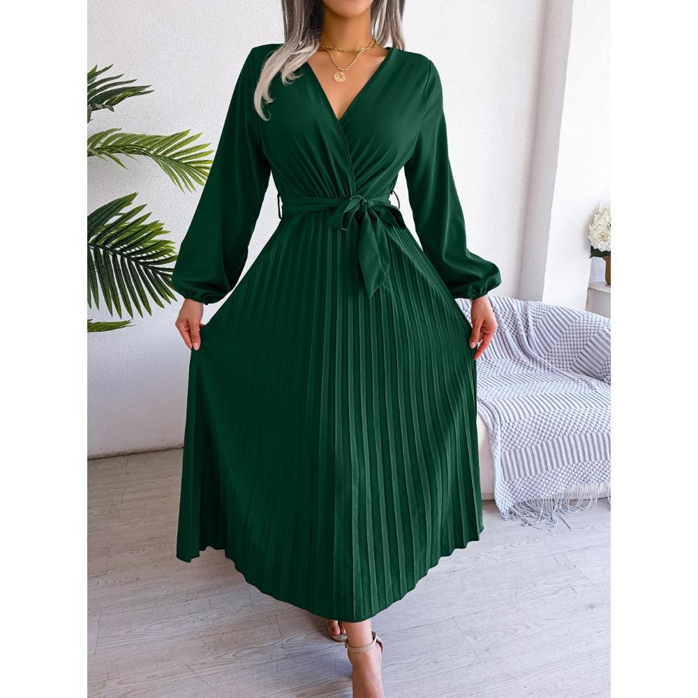 

Весенне-летний темпераментный крест-накрест V-образный вырез большой клёш плиссированное длинное платье женское свободное универсальное новое платье S зелёный