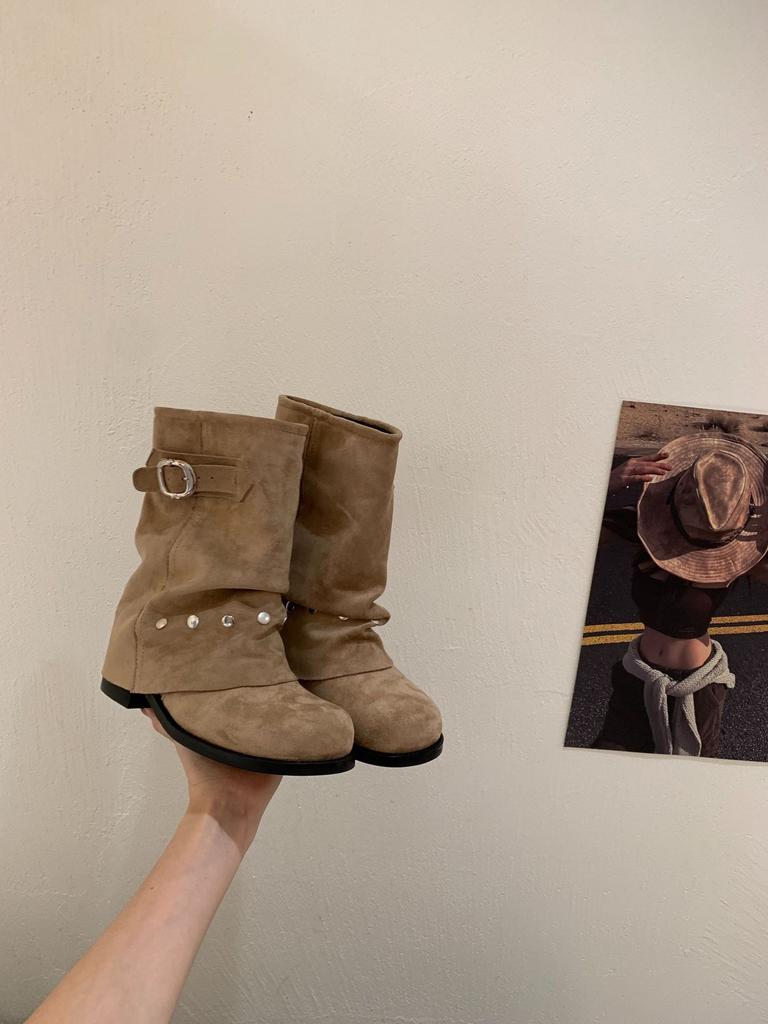 Coarse Heel Tube Pants Tube Martin Boots Women's Shoes 2025 New Thin Pile Boots with Skirt Spring and Autumn Single Boots Short Boots