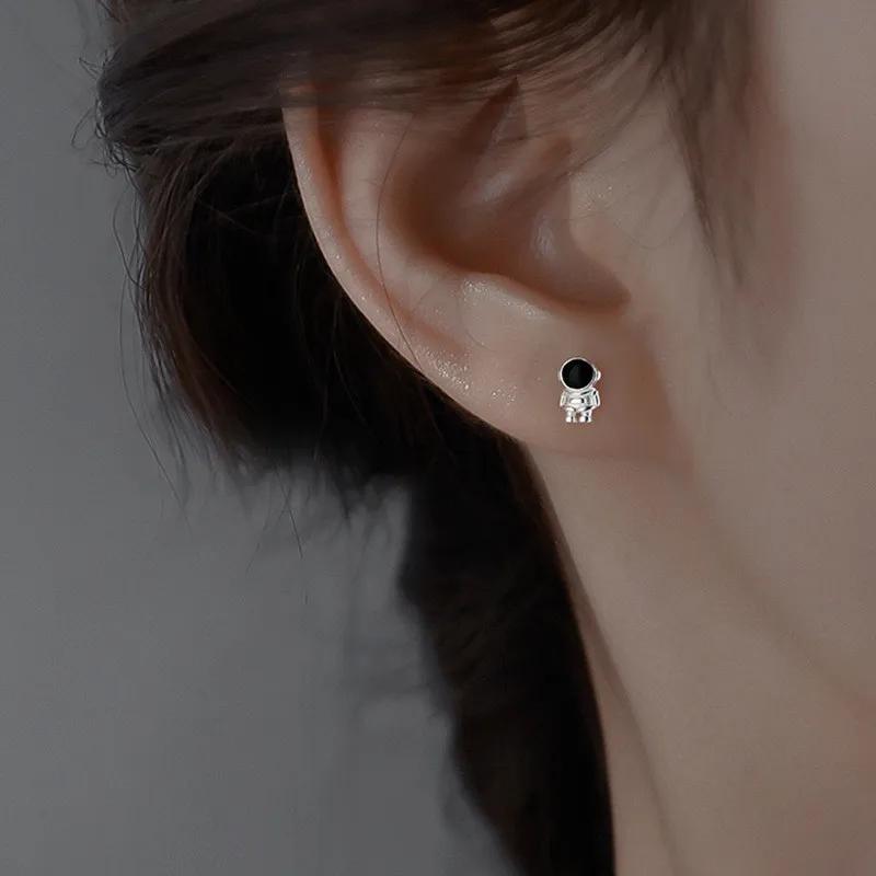 S925 Silver Asymmetric Cute Space Astronaut Planet Opal Stud Earrings For Women Silver Color Lovely Simple Ear Piercing Jewelry