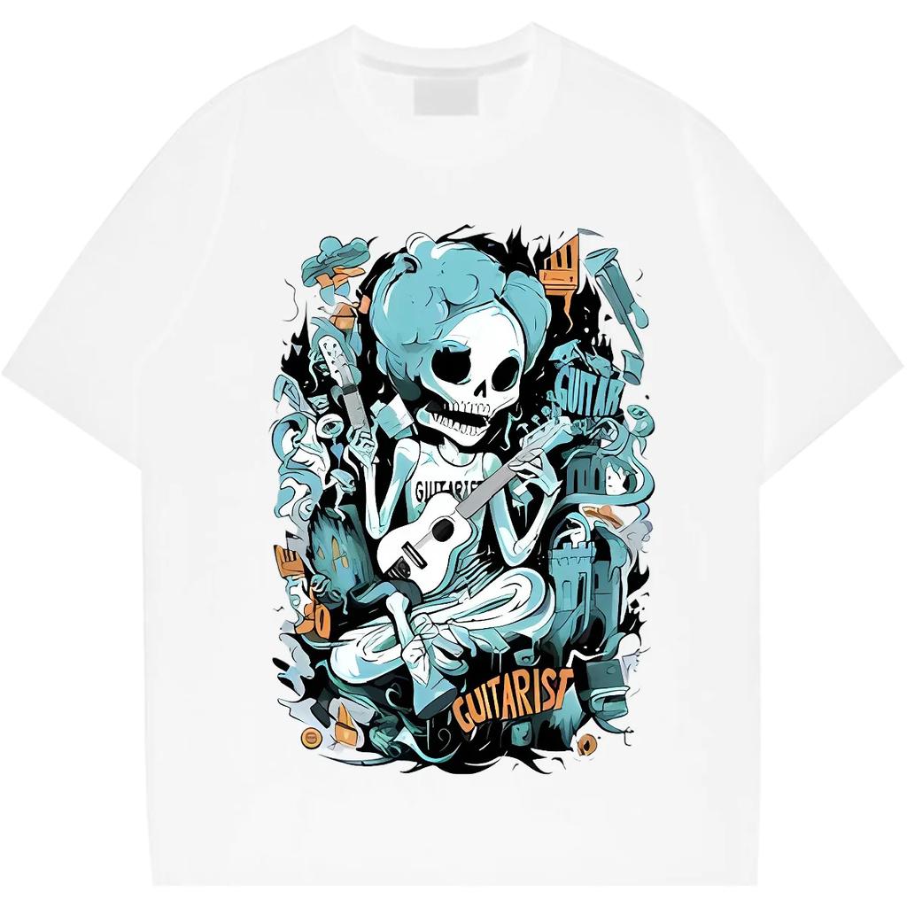 Dödskalle Lös Oversize O-ringad T-shirt Amerikansk Retro För Män T-shirt Tryckt Casual Komfort T-shirt Bekväm Rapstil Tee