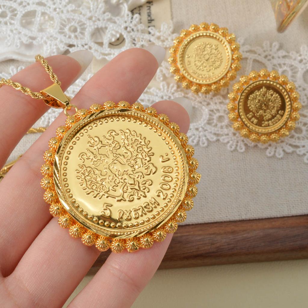 Persisk Lejon Sol Symbol Guldpläterad Halsband Örhängen Set Antik Mynt Vintage Mellanöstern Stil Smycken Gåva till Henne Fest