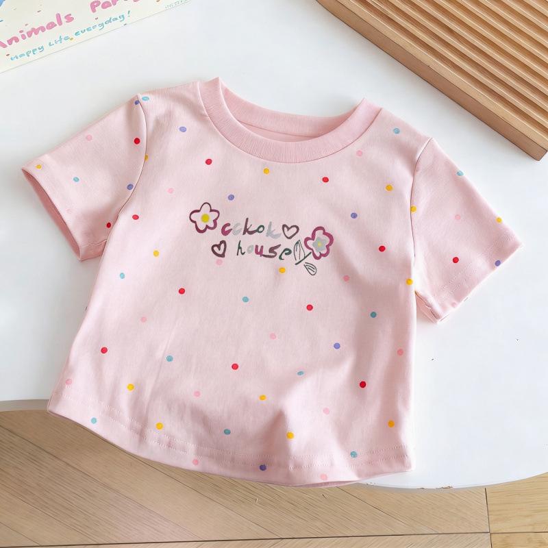 Girls Summer Cotton Short Sleeve T Shirt Cute Cartoon Polka Dot Print Breathable Versatile Kids Trendy Top