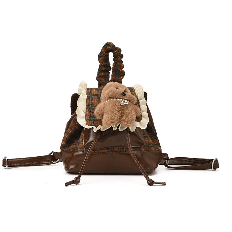 2025 Autumn/Winter Cute Bear Plaid Mini Backpack for Women