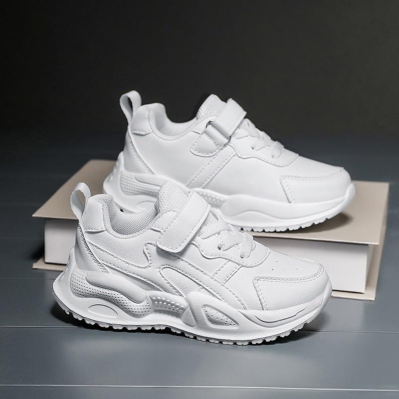 Kids' White Sports Shoes – Breathable Leather Sneakers for Boys and Girls, Ideal for Spring and Autumn Activities