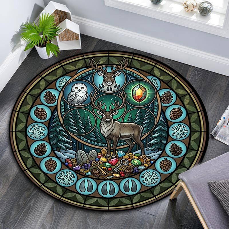 Forest Wildlife Glass Round Area Rug Under Office Chairs Bedroom Living Room Home Decor