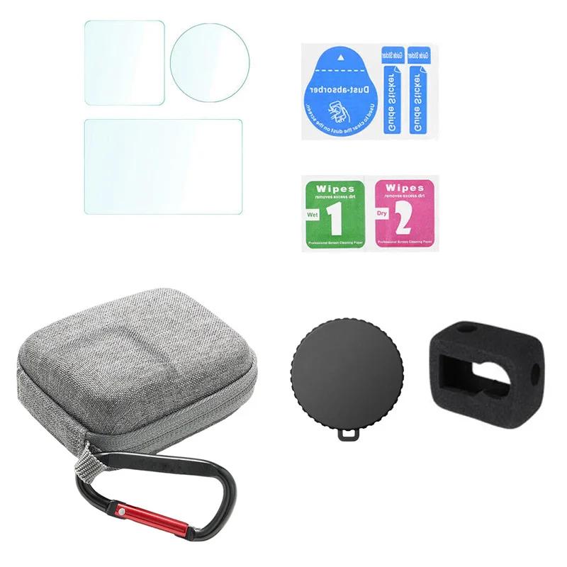 For DJI Osmo Action 5 Pro Camera 9H Tempered Glass Film+Mini Storage Carring Bag+Lens Protective Case Cover+Windslayer Cover