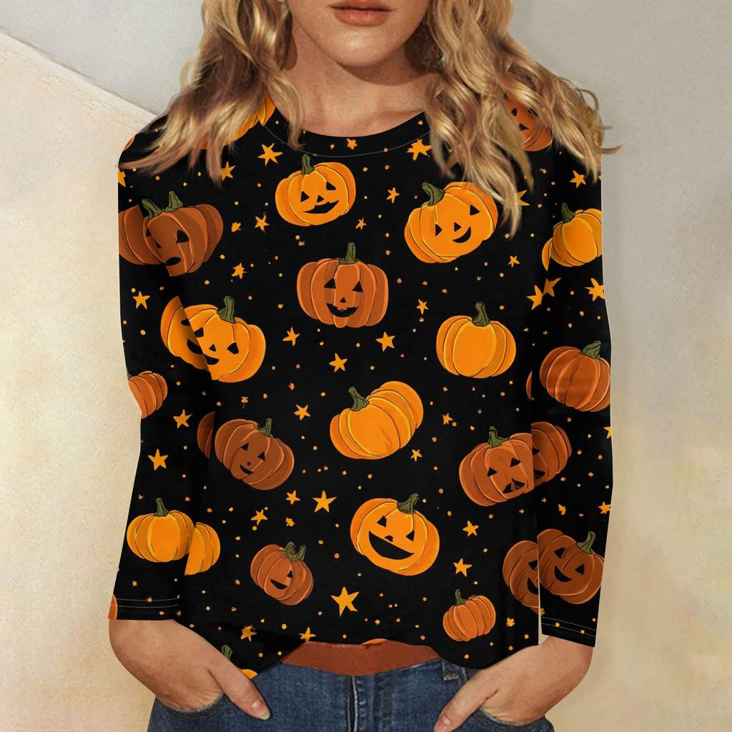 Women's Fashion Casual Halloween Printed Round Neck Long Sleeve Pullover Top