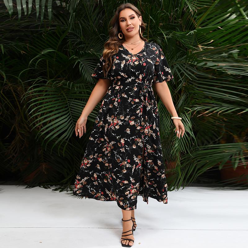 

Женское платье Лето с коротким рукавом Женские длинные платья Повседневное платье макси Богемный принт с v-образным вырезом Платья большого размера 5XL чёрный