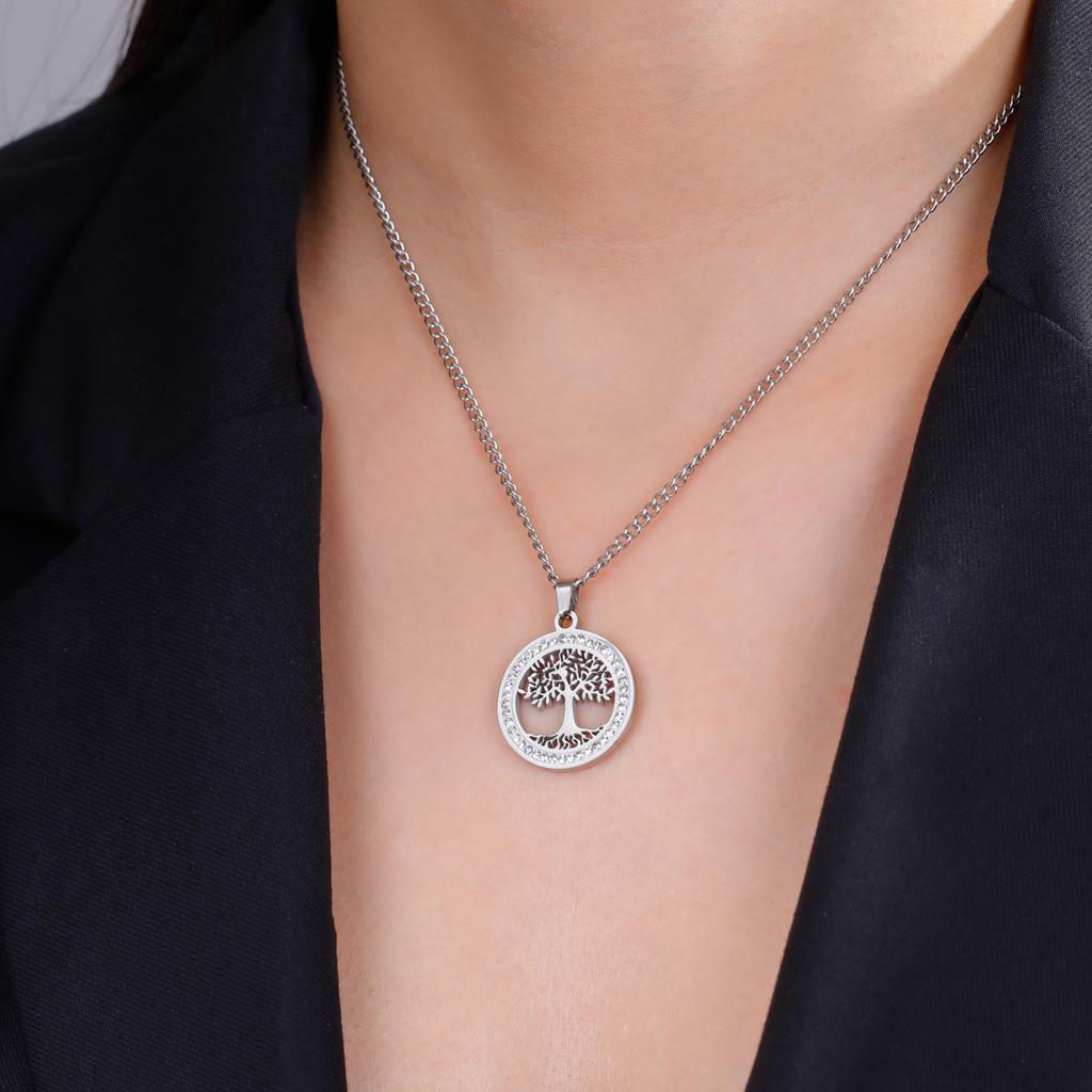 Tree of Life Clear Zircon Round Pendant Necklace Women Stainless Steel Gold Color Neck Chains Luxury Jewelry Wedding Gift