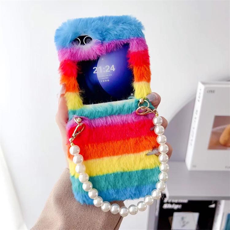 Applicable To Samsung ZFlip5 Plush Folding Mobile Phone Case Pearl Bracelet Zflip3 Contrasting Color Fluffy Case Zflip4 Set
