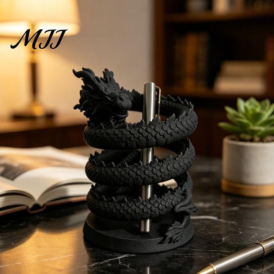 Auspicious Dragon Desktop Ornament Coiled Pen Holder, Chinese Style Pencil Unique 3D Printed Desk Decor Organizer, Stationery Storage Container