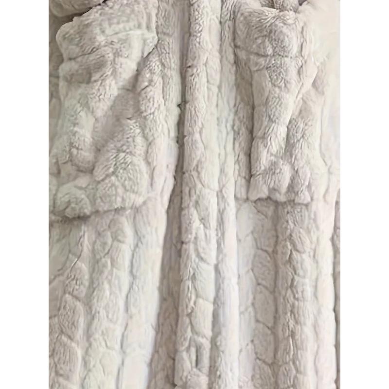 Fall And Winter Casual Solid Jacquard Wool Padded Robe, Long Sleeve Hooded Buttoned Robe With Pockets, Women's Pajamas And Dresses