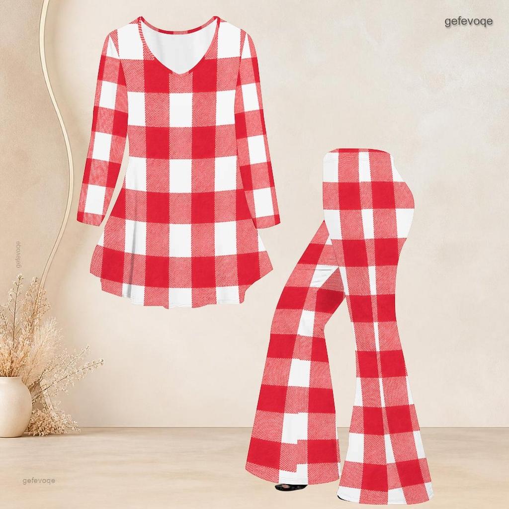Women Plus Size V Neck Three Quarter Sleeve Printed Flared Top Flared Pants Two Piece Set