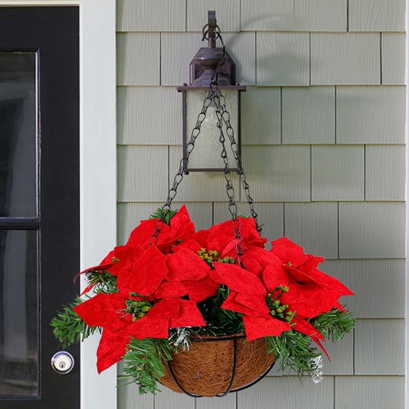 Artificial Poinsettia Floral Red Flowers Hanging Basket with LED Lights Christmas Hanging Basket Create Warm Atmosphere