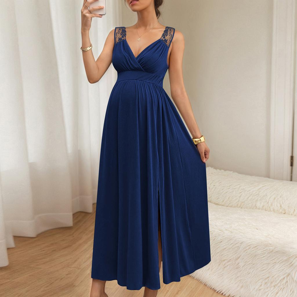 Women's Lace Shoulder Strap Pregnant Women's Long Dress Deep V Split Pregnant Women's Dress