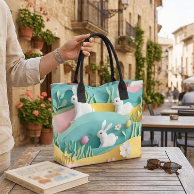  Easter Bunny Print Canvas Tote Bag Casual Portable Lightweight Daily Shopping Shoulder Bag 