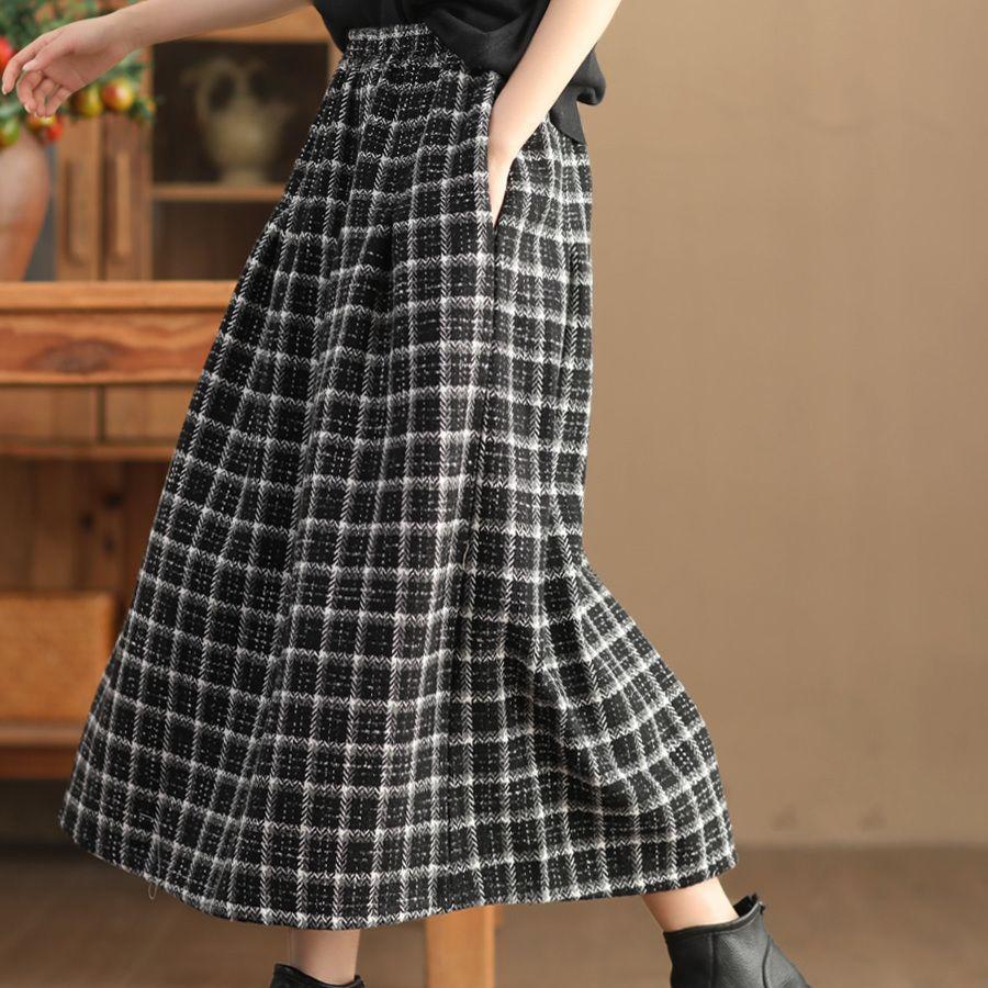 Spódnice midi w kratę w stylu vintage, damskie, workowate, z wysokim stanem, w kształcie litery A, grubsze, w stylu francuskim, z kieszeniami, spódnice damskie, modne, eleganckie