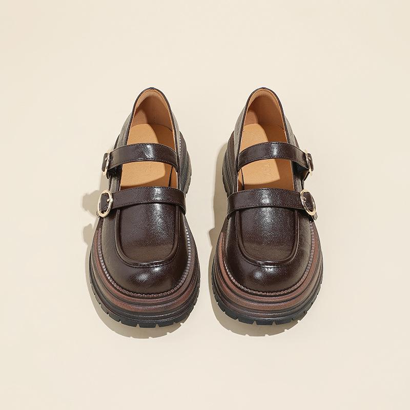 Retro British Style Small Leather Shoes for Women 2025 Spring and Autumn New Thick-soled One-word with Light Thick Heel Loafers Single Shoes for Women