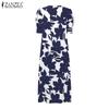 ZANZEA Womens Casual V-Neck Short Sleeve Print Long Dress