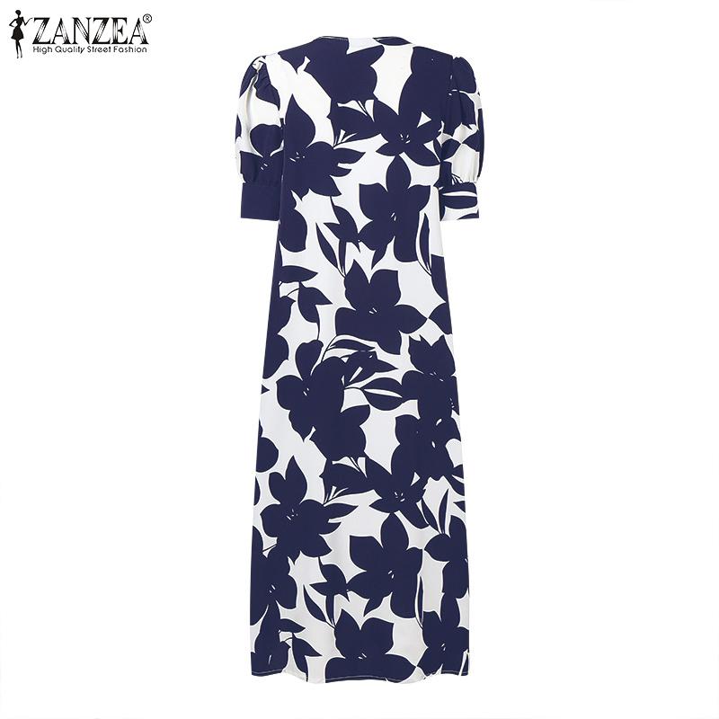 ZANZEA Womens Casual V-Neck Short Sleeve Print Long Dress