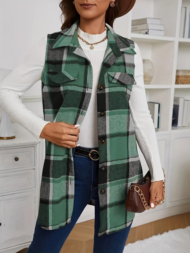 Damen Locker Geschnittene Karierte Tweed Weste für Herbst und Winter