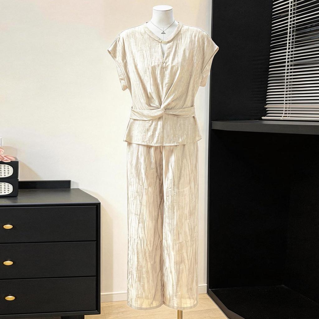2026 Summer Slimming Two-Piece Set: Waist-Cinching Top & High-Waisted Wide-Leg Pants