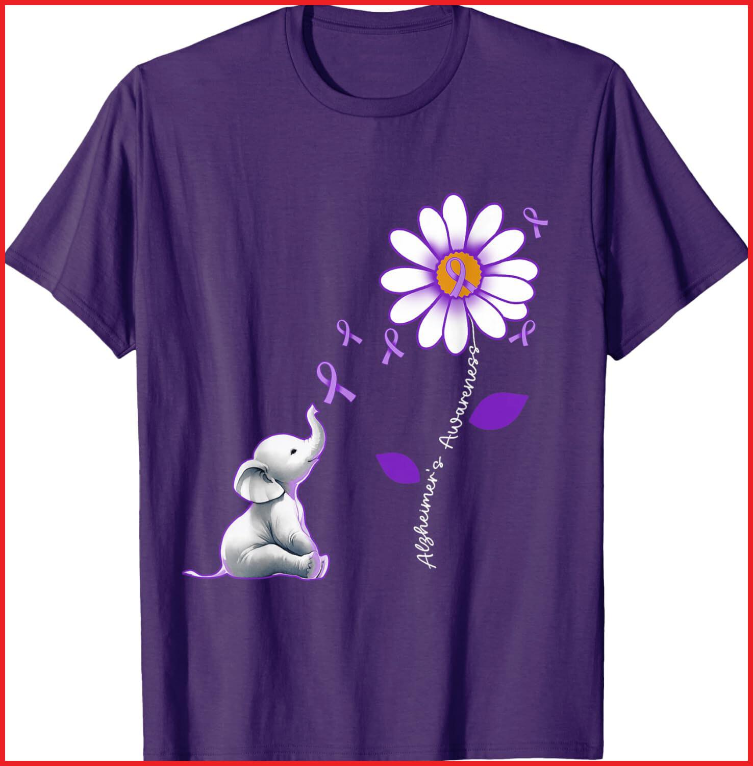 Alzheimer s Awareness Elephant Dementia Purple Ribbon Flower T-Shirt S-5XL S