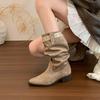 Thick Heel Pointed Head High Folded Tube Pile Boots Women's 0000 New Autumn and Winter Western Cowboy Medium Tube Knight Boots