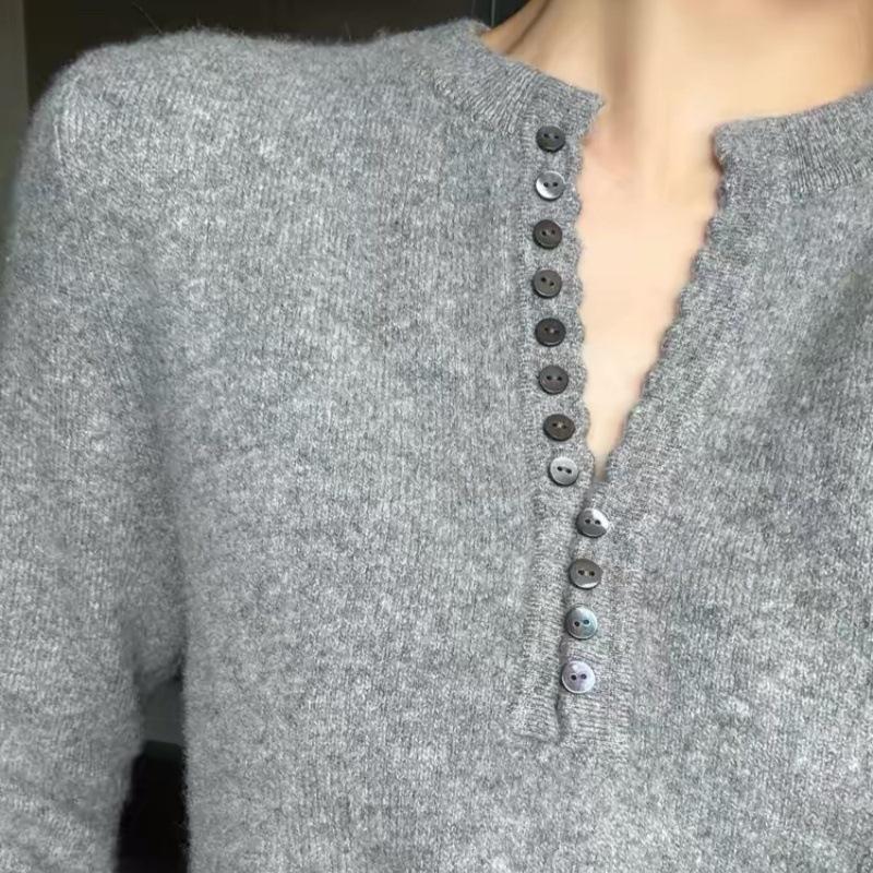 Women's Korean Style V-Neck Wool Sweater - Button-Up, Long Sleeve, Slimming, Versatile Knitwear Top