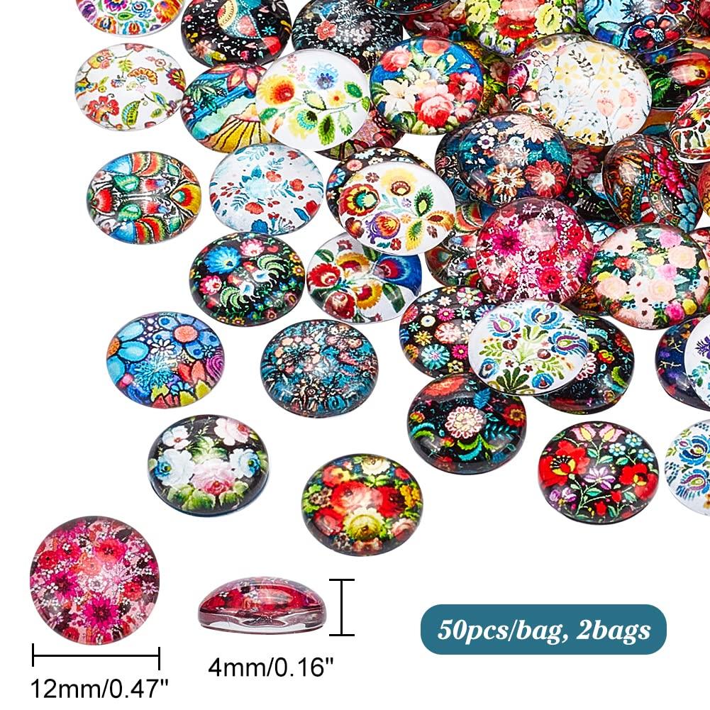 PH PandaHall Set of About 100 Cabochons 12mm Floral Pattern Rainbow Color Glass Cabochon Round Beads Mixed Circular Magnifying Lens Effect Accessory