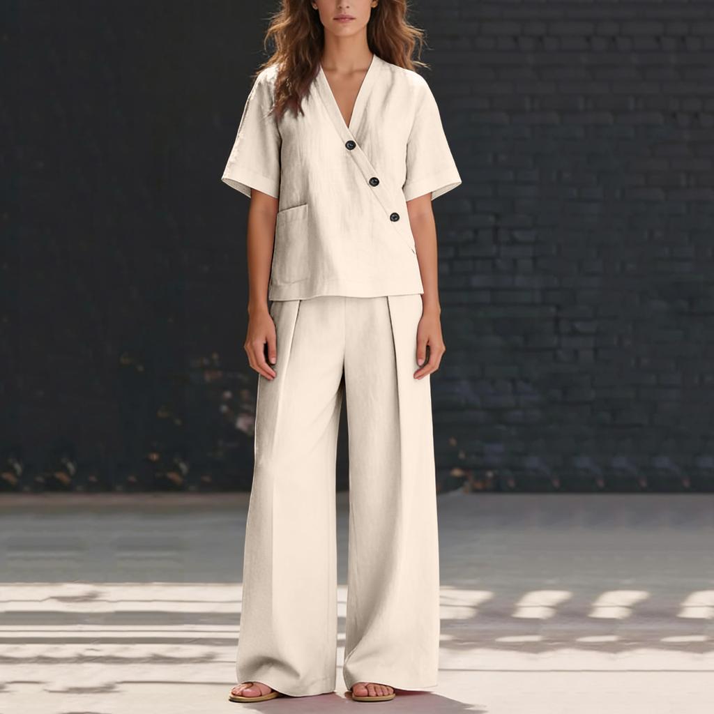 Ensemble Deux Pièces Femme Coupe Ample Haut à Boutons Col en V et Pantalon Large Tenue Décontractée Tissu Léger Costume pour un Usage Quotidien