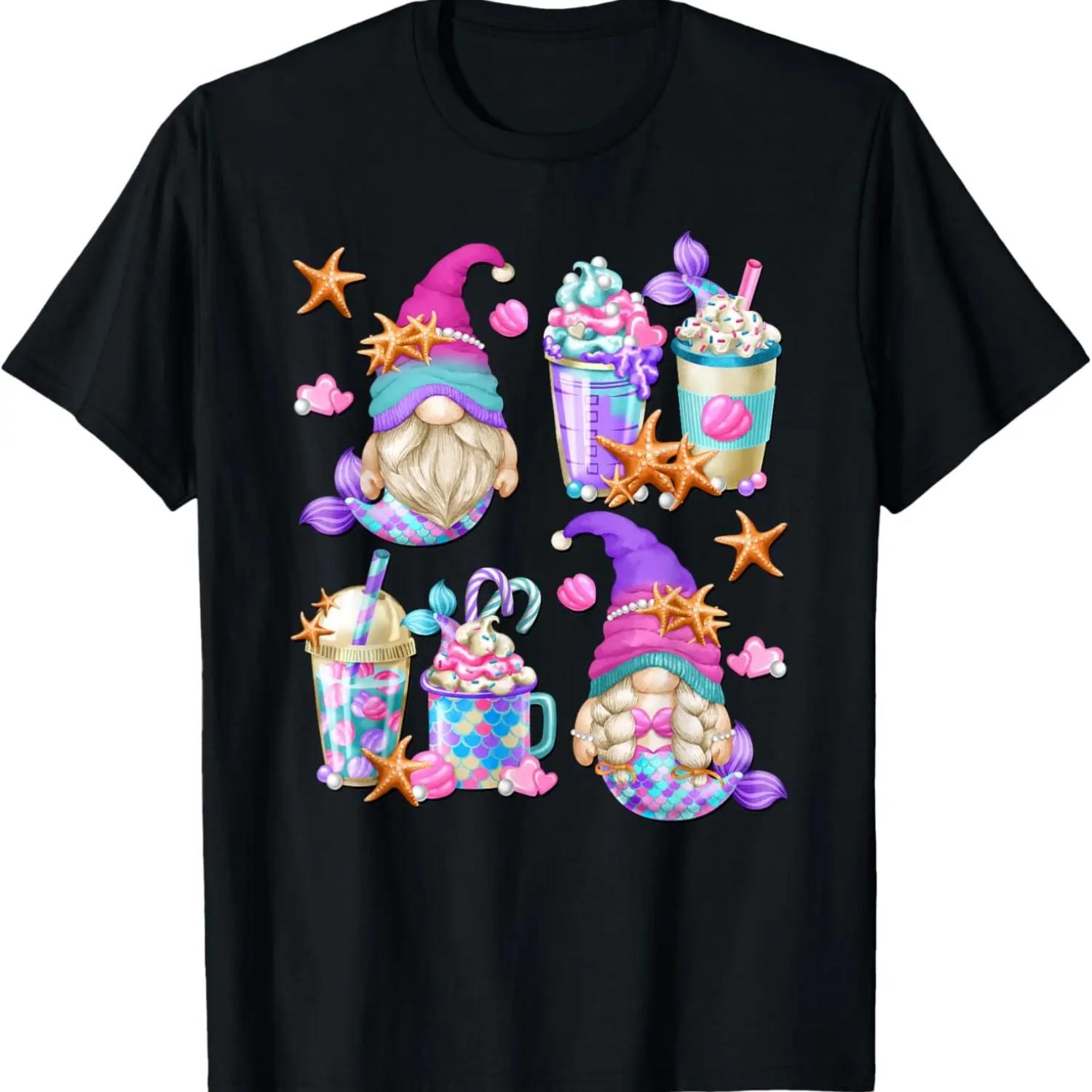 Mermaid Mom And Dad Summer Gnome Coffee Latte Pattern Beach T-Shirt S чёрный