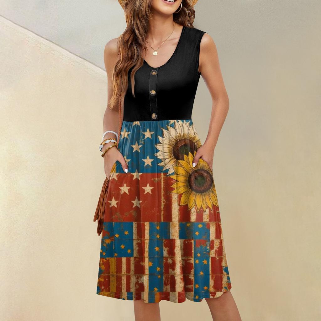 Ärmelloses lässiges Urlaubs-Midi-Kleid mit Knopfleiste, Schwing-Schnitt, Unabhängigkeitstag-Print und Taschen für Damen