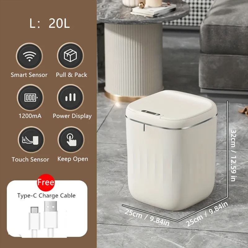 20/22L Large Rechargable Smart Trash Can With Lid Garbage Bin For Kitchen Bedroom Living Room Rubbish Container Touchless