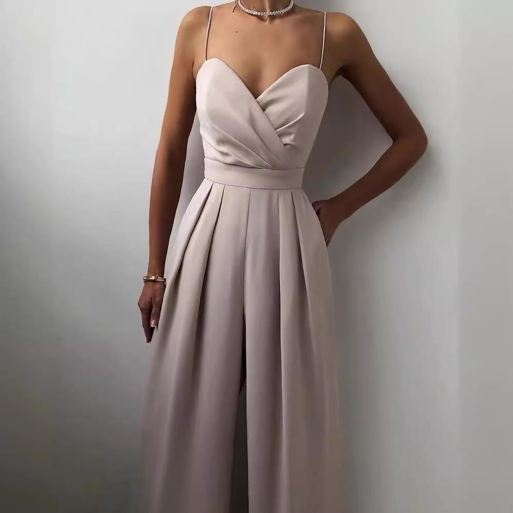 European & American Spaghetti Strap Waist-Cinching Straight Leg Floor-Length Minimalist Jumpsuit for Spring/Summer – Style GY2105