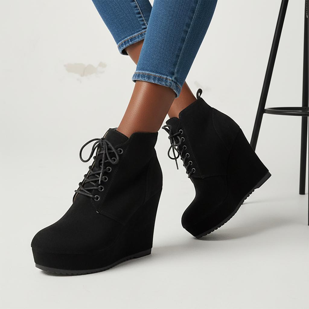 New Women Boots Plus Size Chunky Platform Ankle Boots Woman Autumn Winter Booties Fashion Lace Up Wedge Shoes for Women