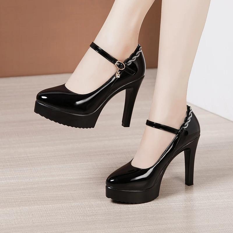 6cm 9cm 11cm Small Big Size 32-43 Shallow Bright Leather Shoes Platform Pumps 2025 Spring Block High Heels Shoes for Dress Model