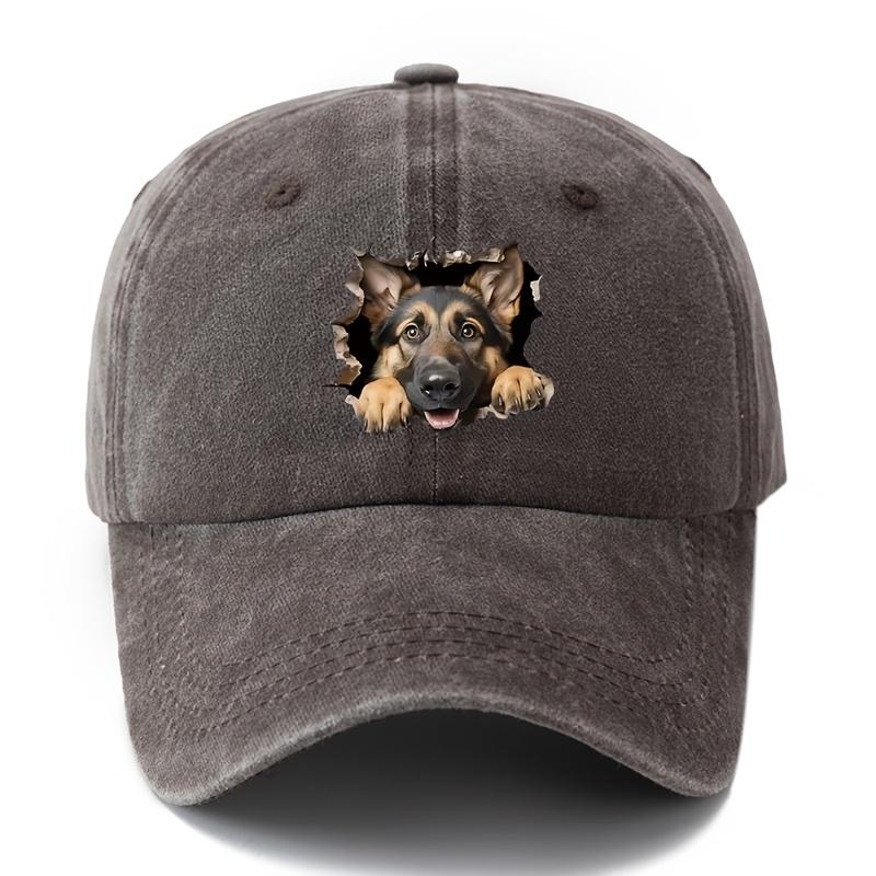 Adjustable retro washed baseball cap with German Shepherd print suitable for casual hip-hop hats at parties and festivals