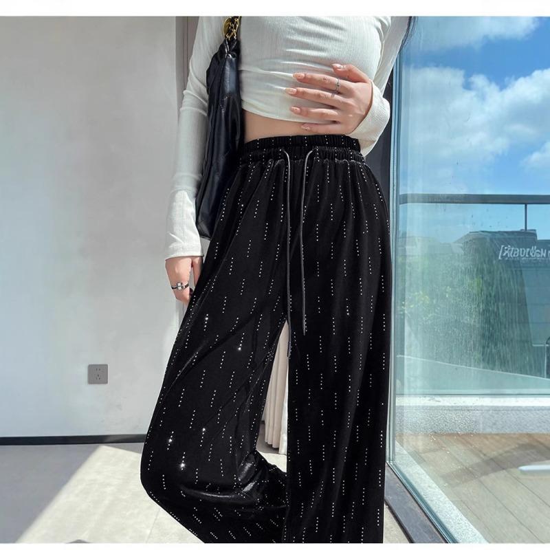 Spring and Autumn Hot Diamond Velvet Casual Pants Black High Waist Drawstring Loose Straight Pants Meteor Shower Diamond Lazy Mopping Pants