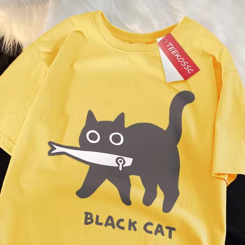 

Fun A Black Cat Eating Fish Japanese Style Men Women T-Shirt Fashion Print T Shirt Breathable Oversize T-Shirts Cotton Clothes L жёлтый