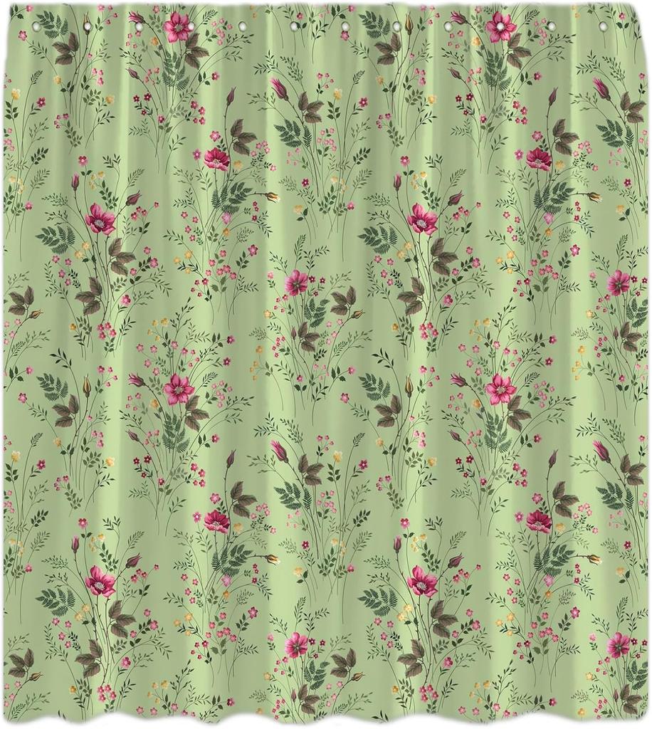 Sage Green Botanical Shower Curtain Floral Vintage Pink Flower Green Leaves Plant Watercolor Wildflower Herb Elegant Bath