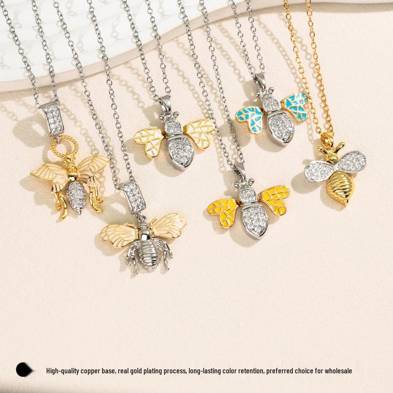 Multicolor Little Bee Pendant Necklace: European & American Style, Simple Oriental Pastoral Design for Women