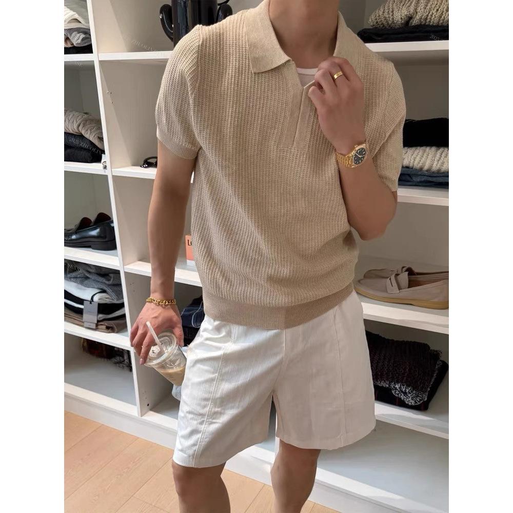 Mens V Neck Textured Knit Short Sleeve Ice Silk Casual Polo Shirt M абрикосовый