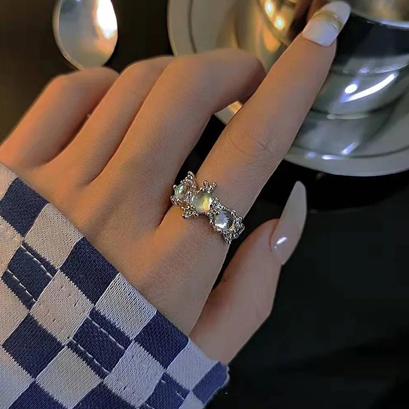 1 Pcs Inlaid Moonstone Neutral Open Cold Wind Men And Women Light Luxury Texture Design Ins Index Finger Ring